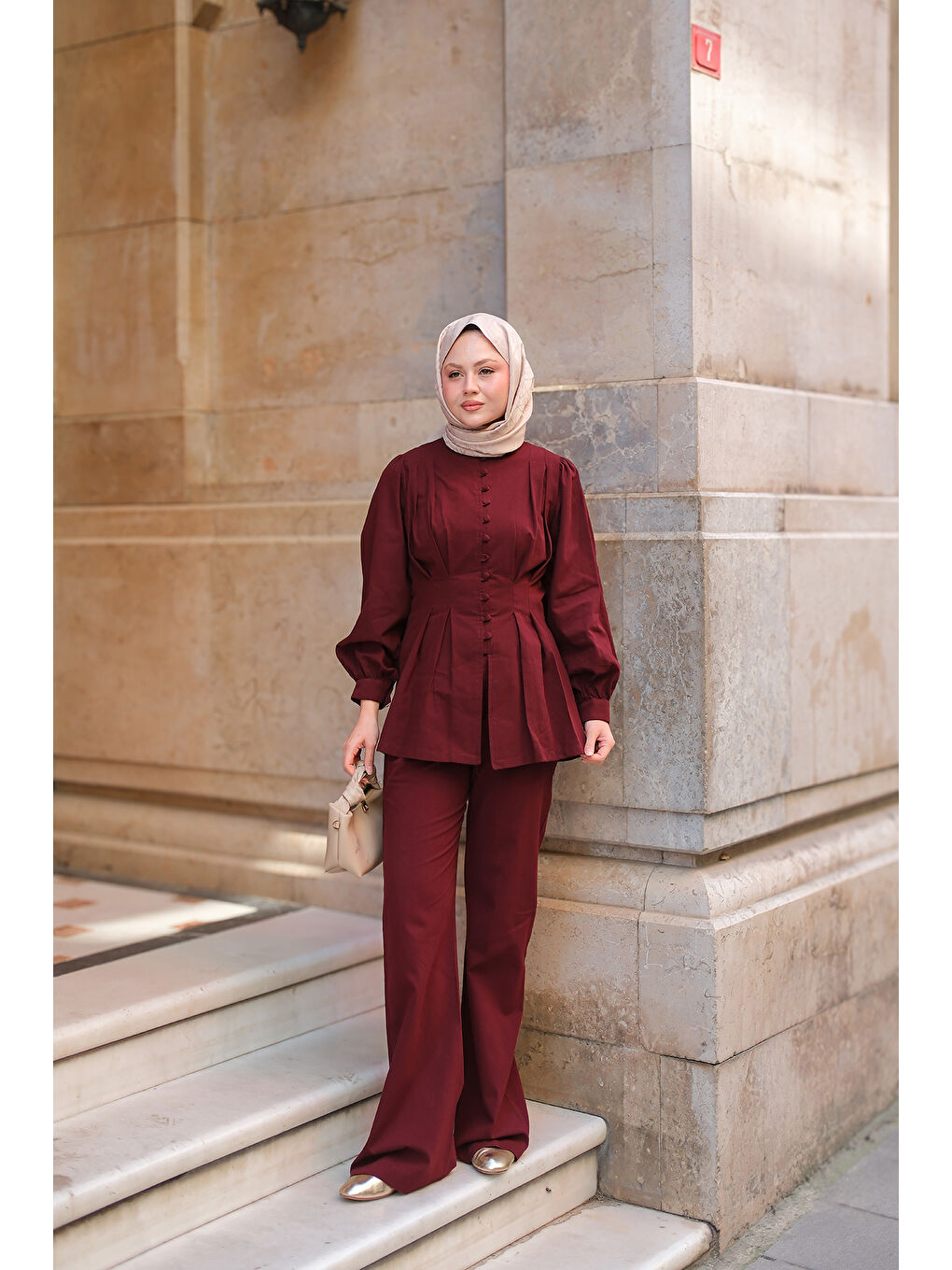 Kadın Beli Pens Detaylı Takım Bordo-2