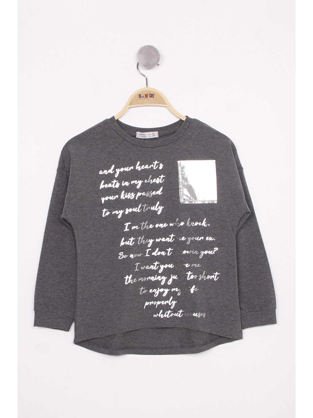 Antrasit Kız Çocuk Varaklı Cep Baskılı T-Shirt