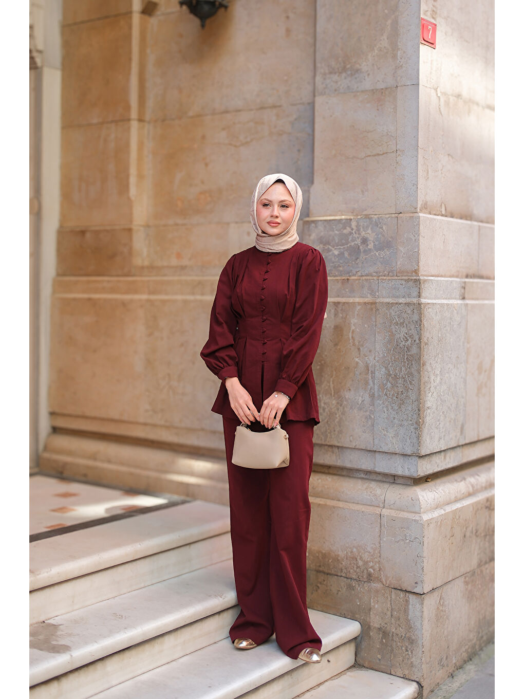Kadın Beli Pens Detaylı Takım Bordo-3