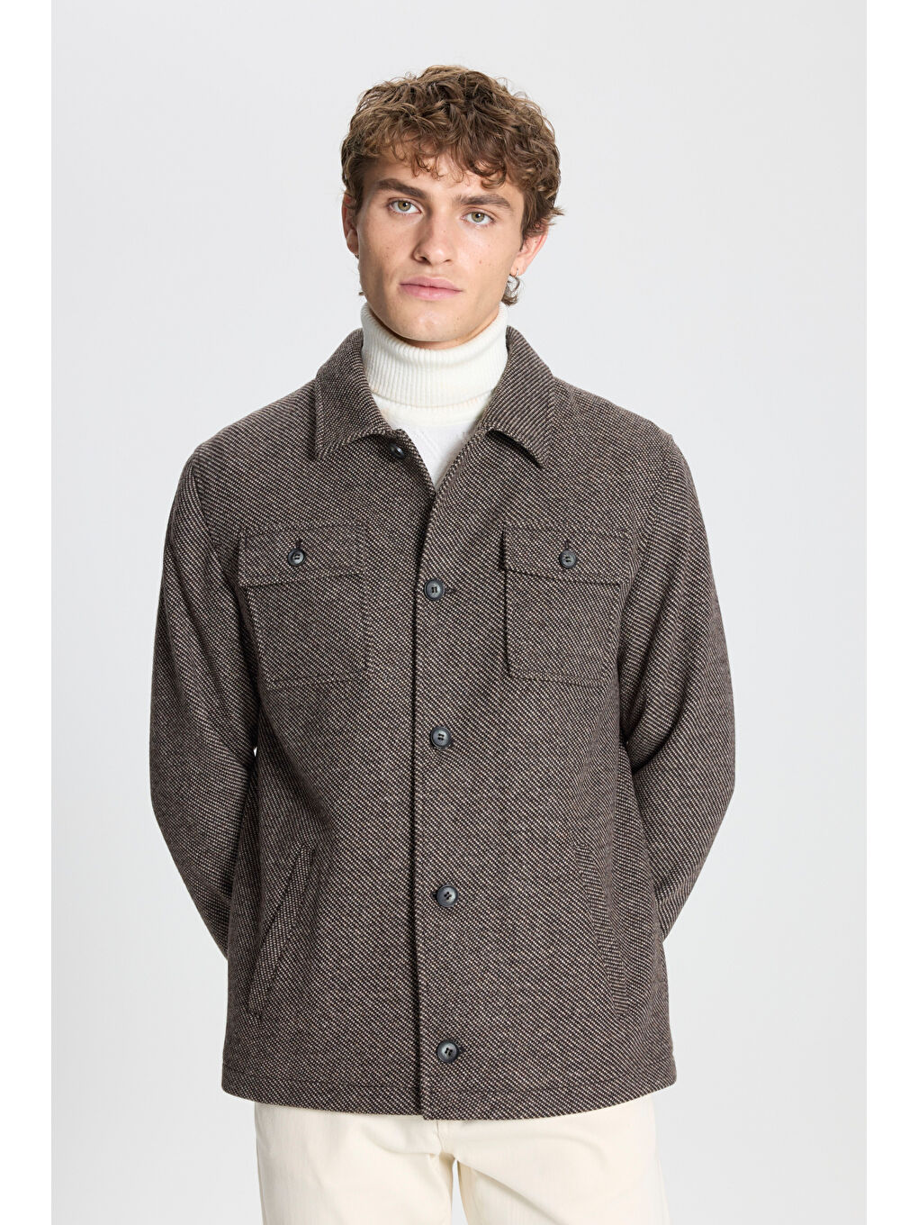 Kahverengi Erkek Kahve-Bej Comfort Fit Rahat Kesim Gömlek Yaka Desenli Ceket Gömlek-2