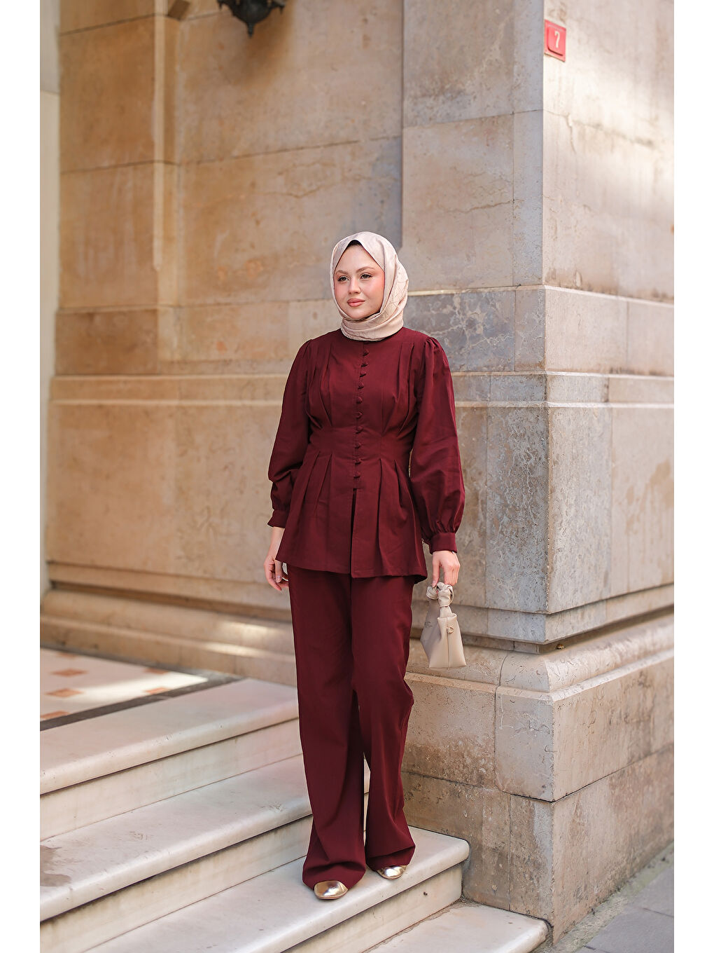 Kadın Beli Pens Detaylı Takım Bordo-4
