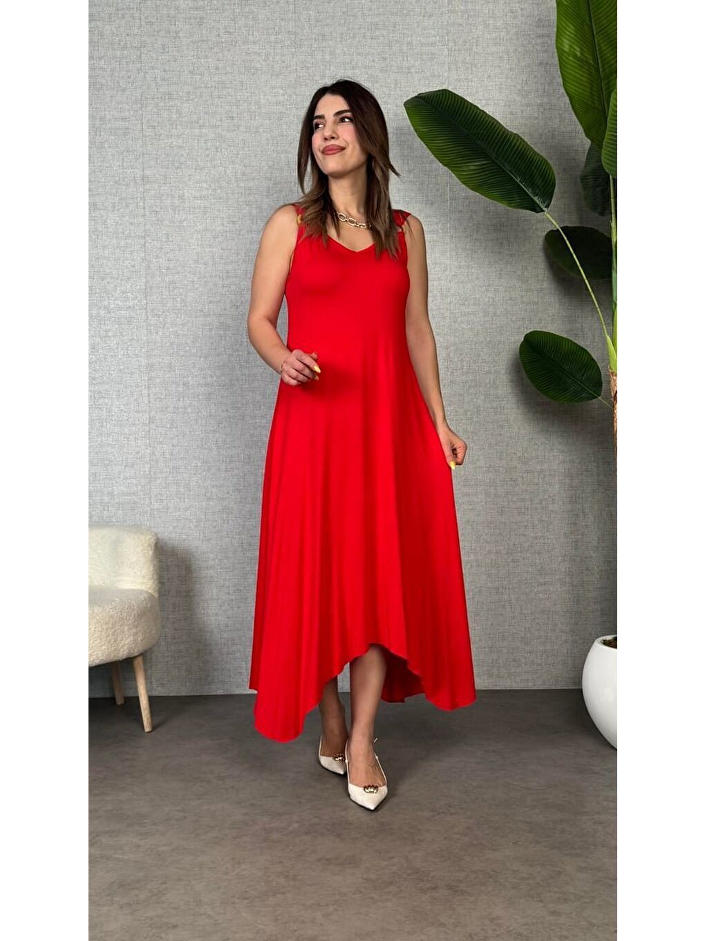 Kırmızı Kadın Omuz Askılı Toka Detay Maxi Boy Elbise-2