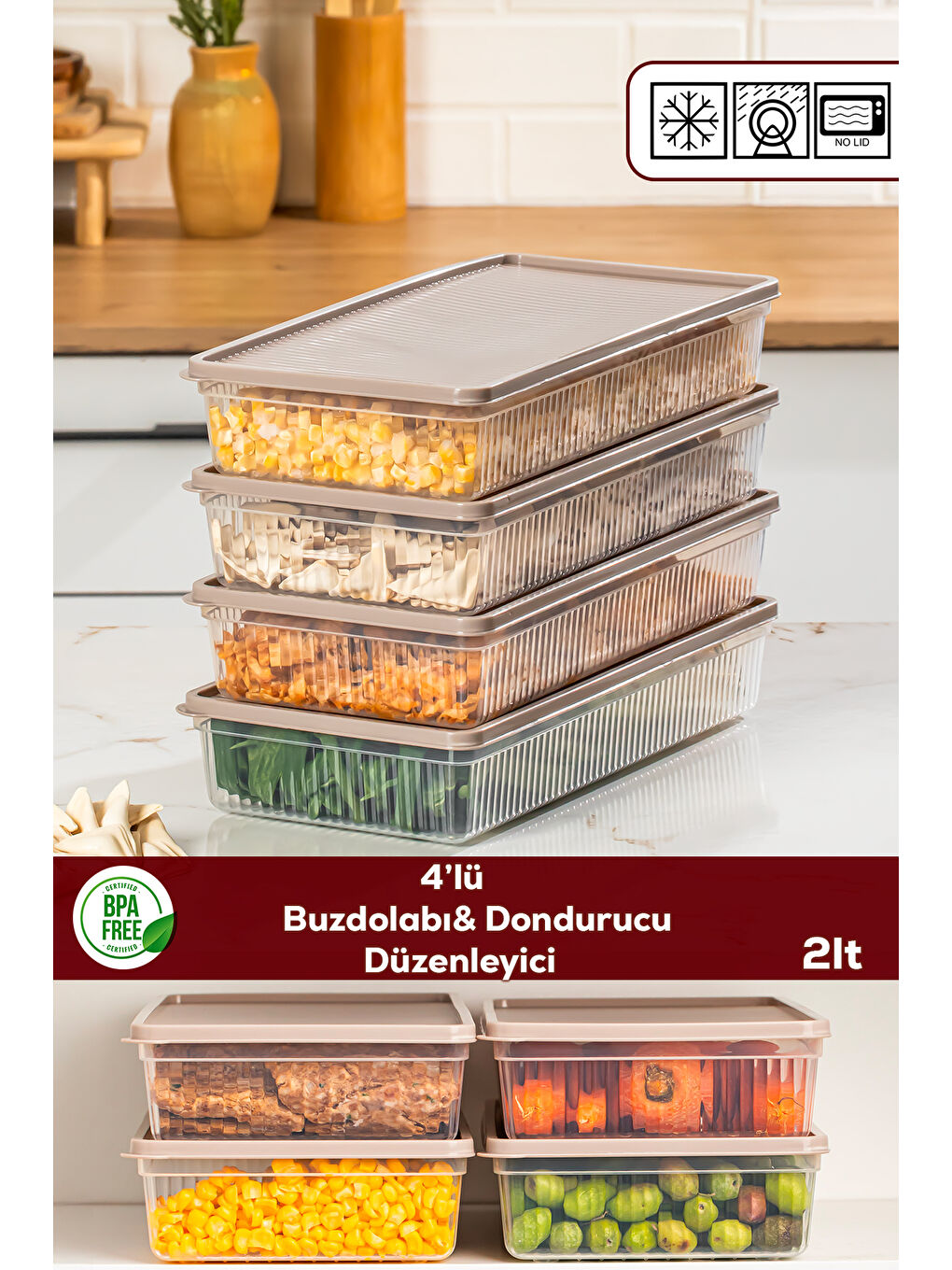 Kahverengi 5309 4lü Buzdolabı Saklama Kabı Seti -Mikrodalga Uyumlu, Gıda Saklama Kabı, Kapicino, 2 Lt
