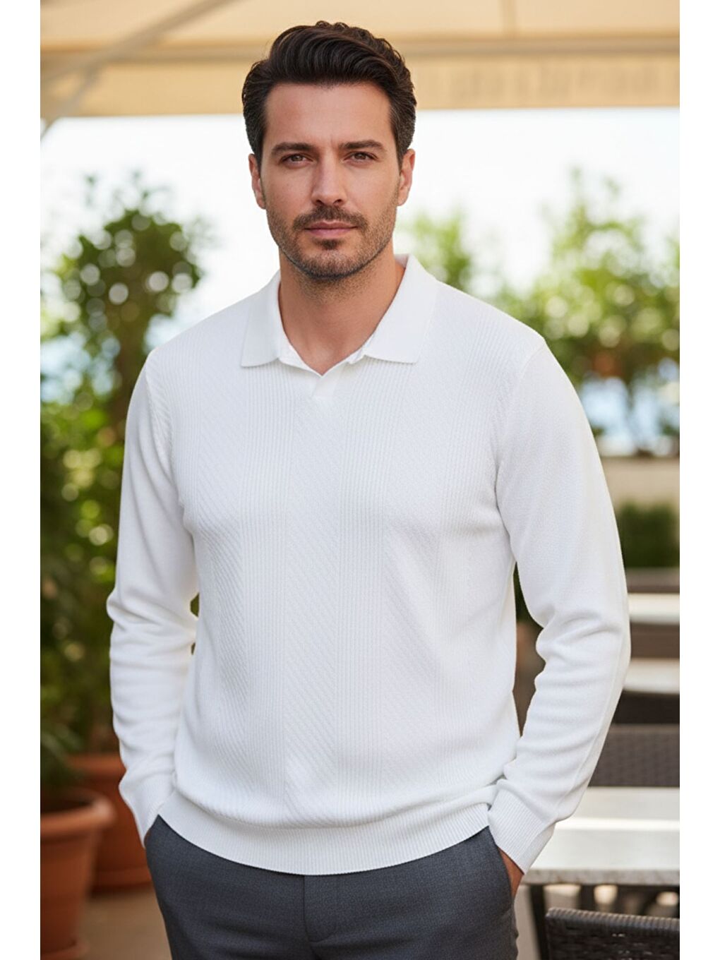 Ekru Erkek Polo Yaka Kendinden Desenli Triko Kazak