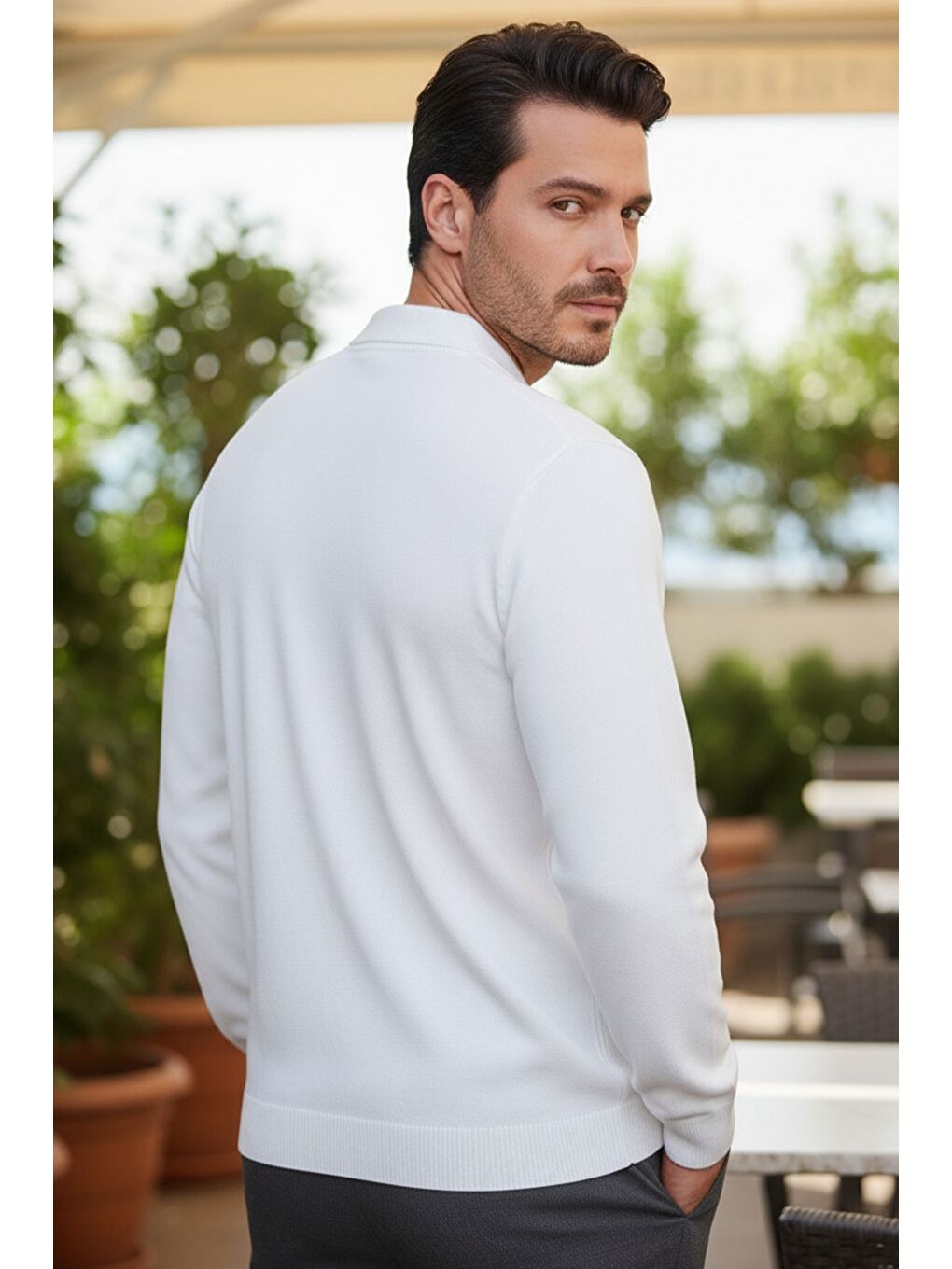 Ekru Erkek Polo Yaka Kendinden Desenli Triko Kazak-1