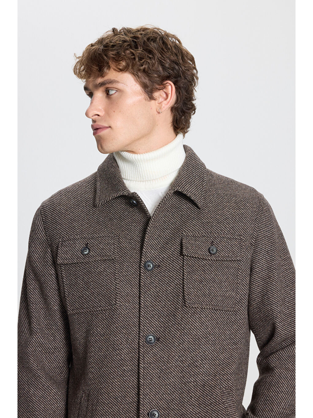Kahverengi Erkek Kahve-Bej Comfort Fit Rahat Kesim Gömlek Yaka Desenli Ceket Gömlek-3
