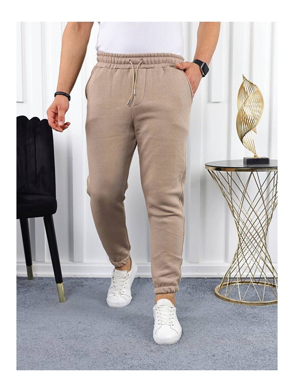 Bej Erkek Beli Lastikli Şardonlu Jogger Kahve Eşofman Altı