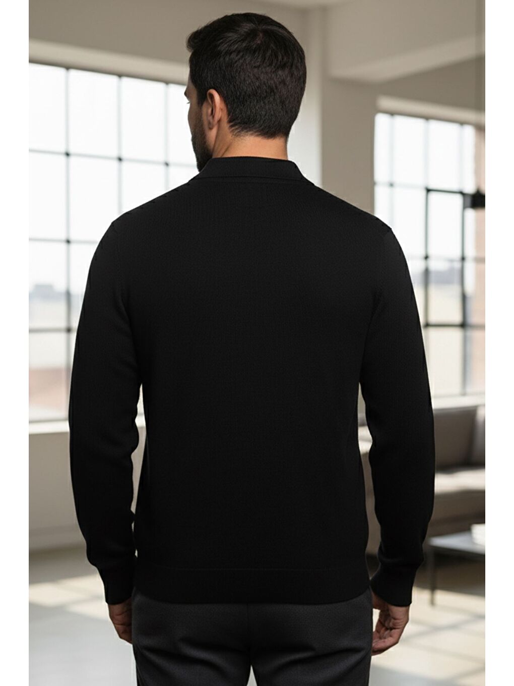 Siyah Erkek Polo Yaka Kendinden Desenli Triko Kazak-1