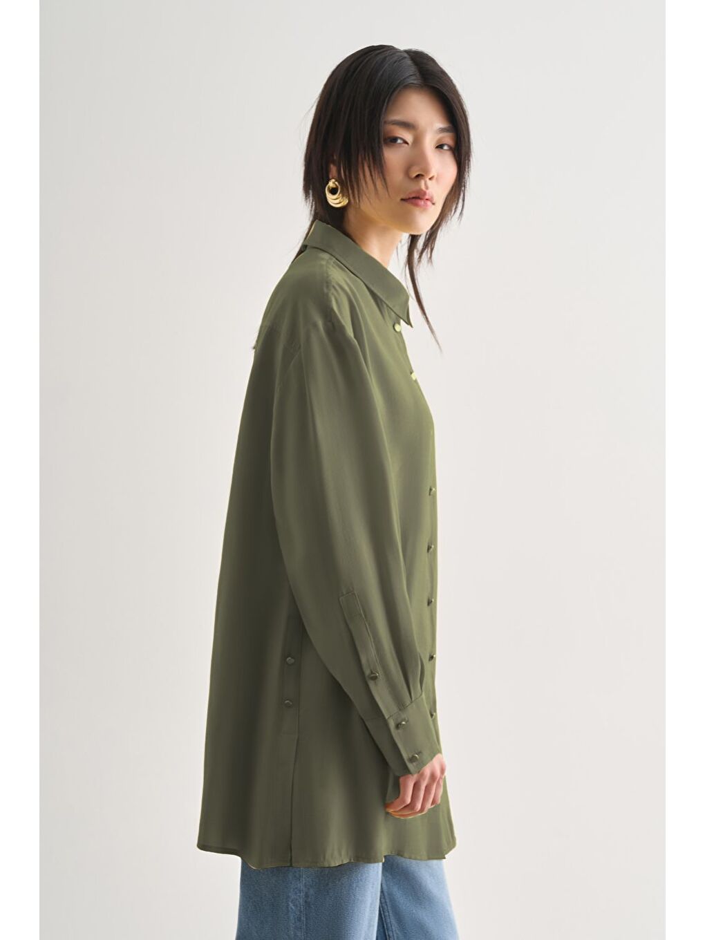 Yan Düğme Detaylı Premium Modal Haki Tunik-1