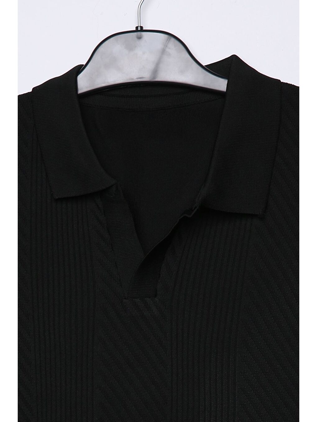 Siyah Erkek Polo Yaka Kendinden Desenli Triko Kazak-3