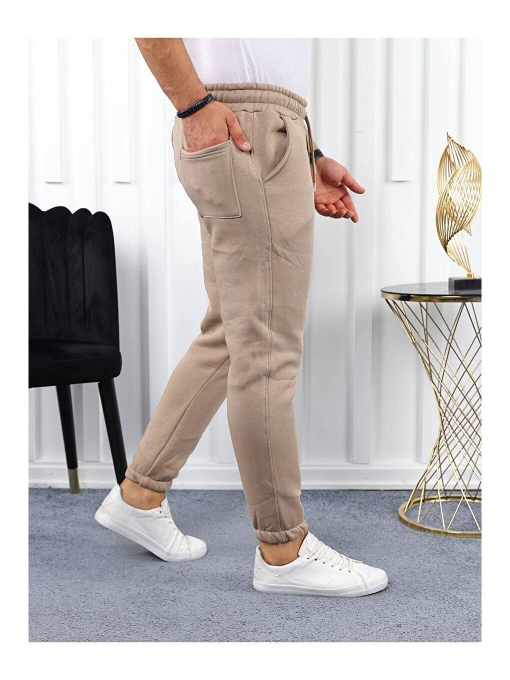 Bej Erkek Beli Lastikli Şardonlu Jogger Kahve Eşofman Altı-2