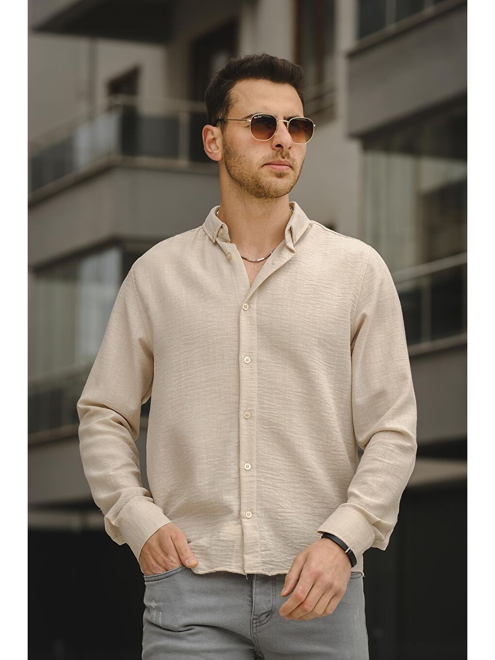 Bej Piatris Kırınkıl Desen Düğmeli Yaka Erkek Gömlek-2