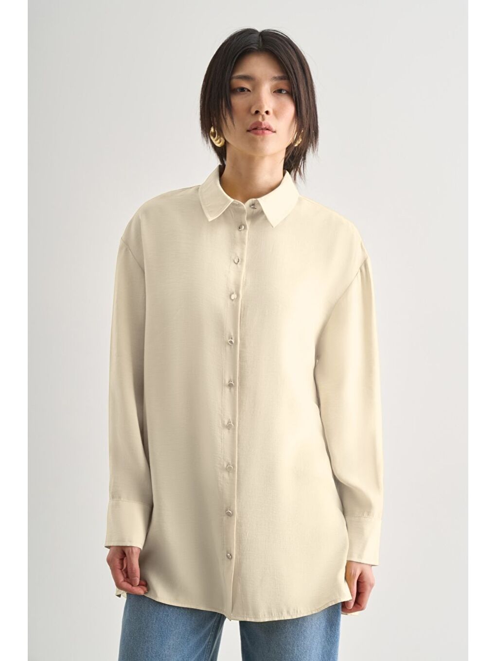 Yan Düğme Detaylı Premium Modal Ekru Tunik