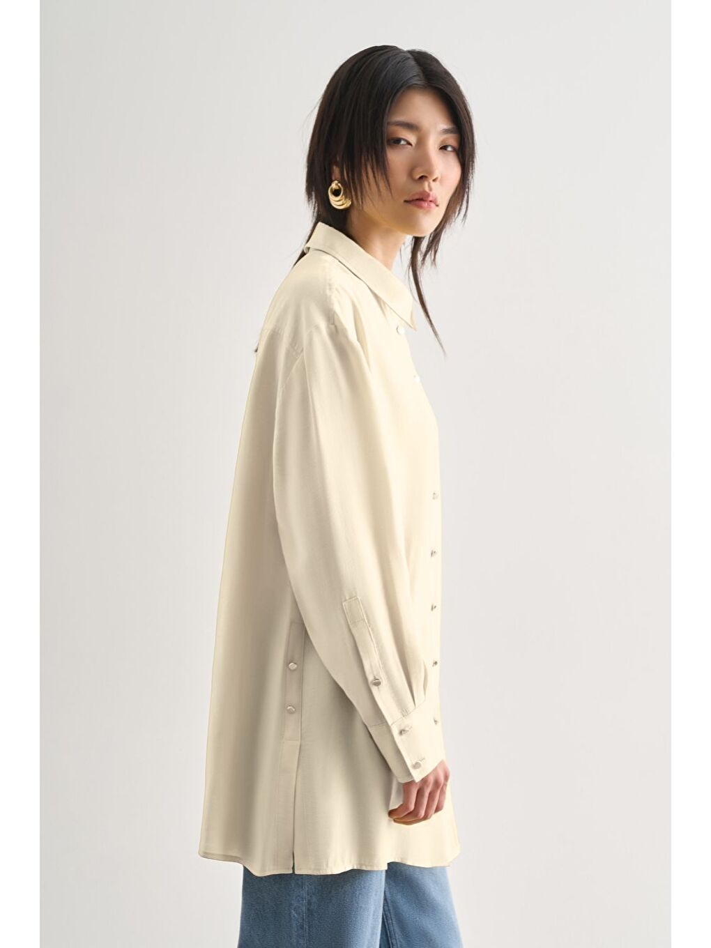 Yan Düğme Detaylı Premium Modal Ekru Tunik-1