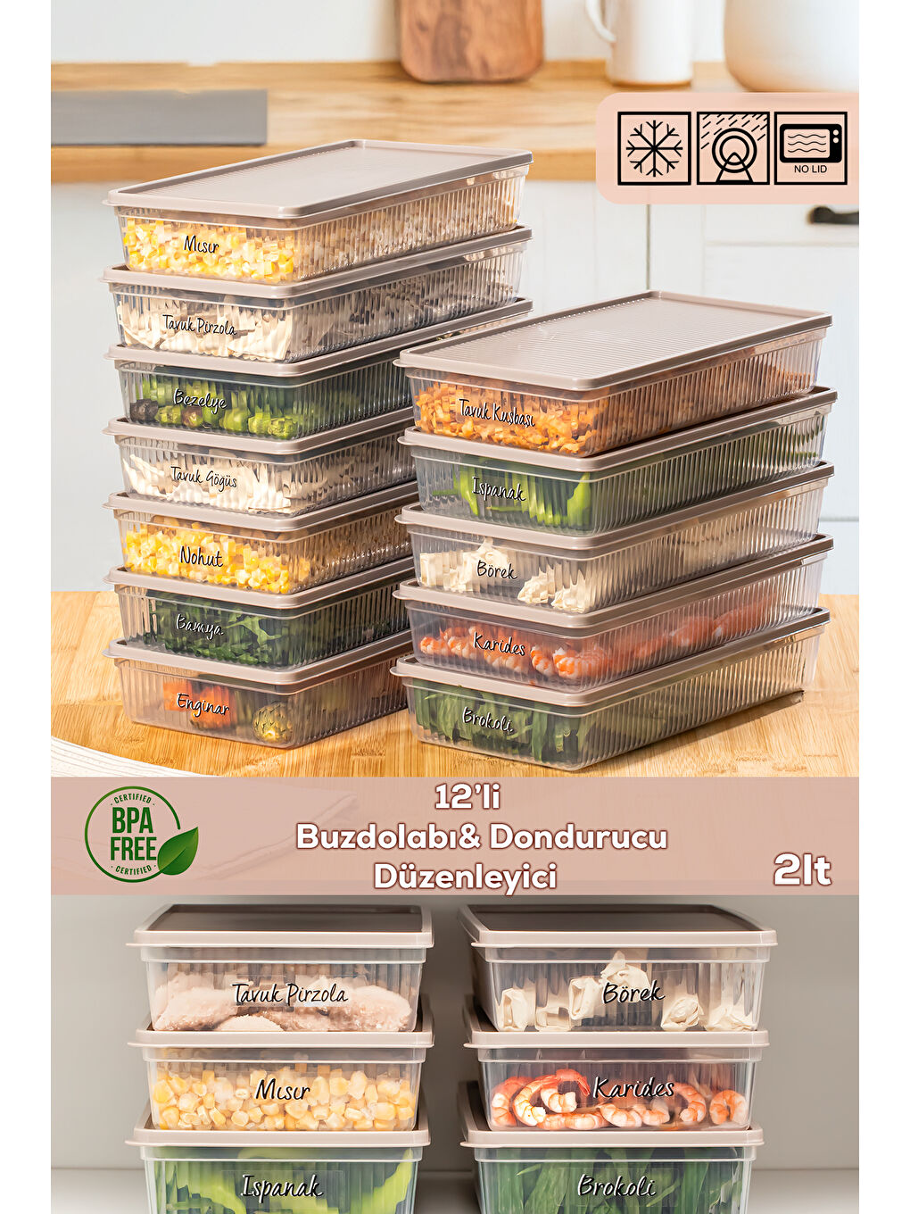 Kahverengi 5311 12li Buzdolabı Saklama Kabı Seti - BPA İçermez, Gıda Saklama Kabı, Kapicino, 2 Lt