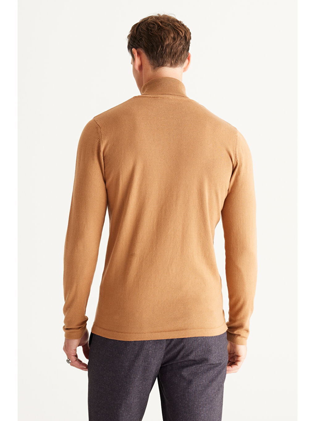 Bej Erkek Vizon Standart Fit Normal Kesim Tam Balıkçı Yaka Triko Kazak-1