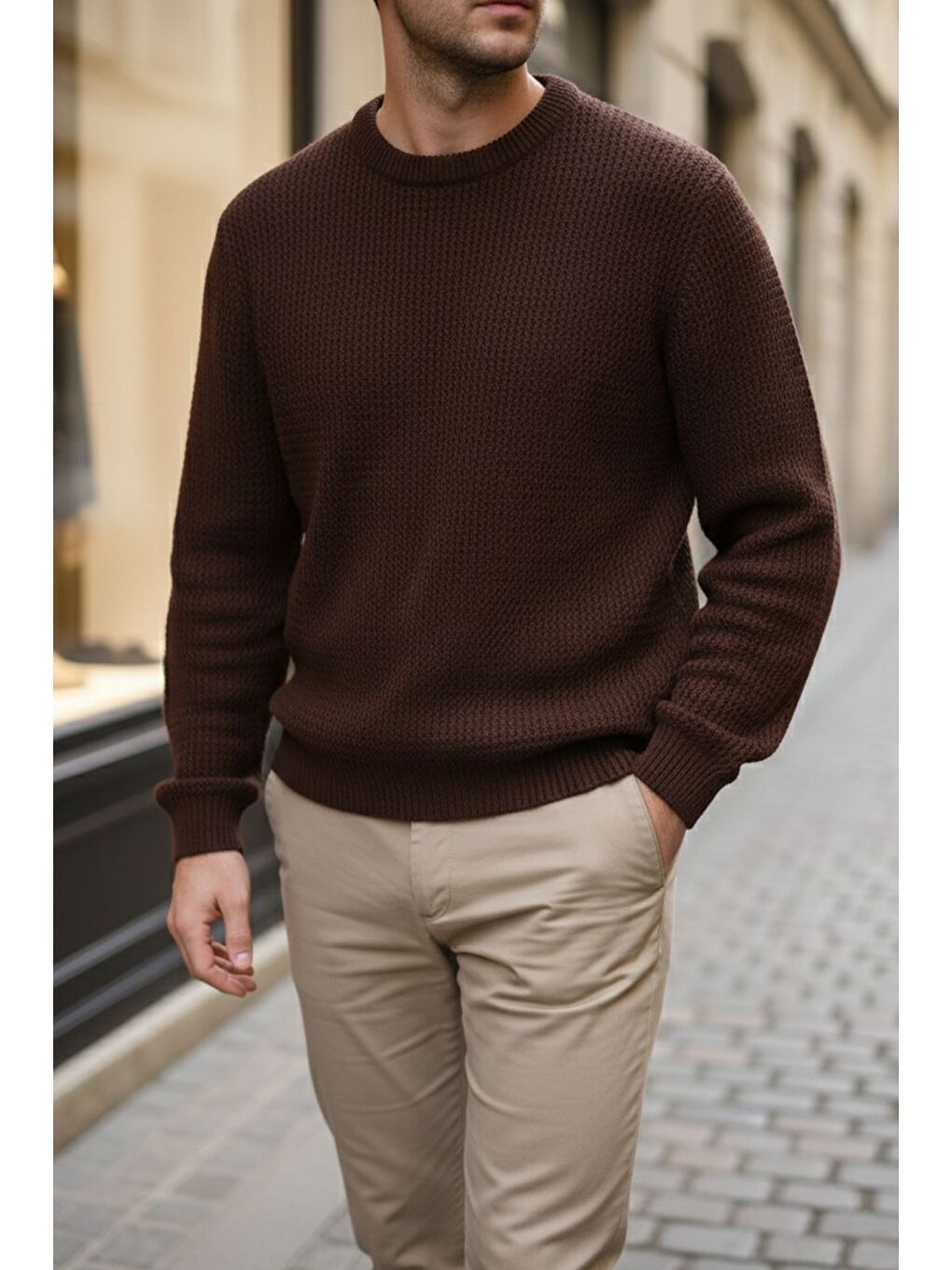 Kahverengi Erkek Bisiklet Yaka Örme Triko Kazak