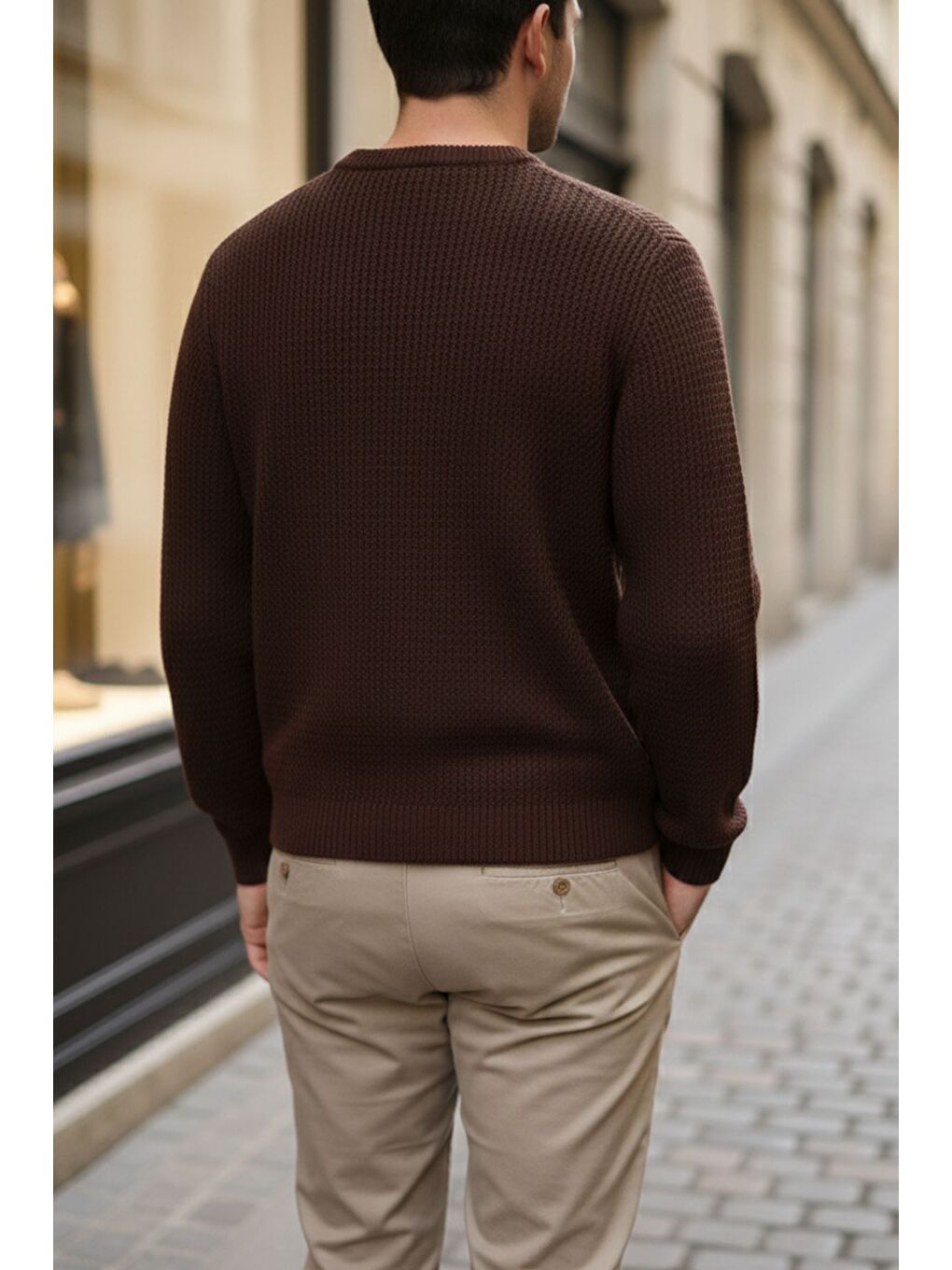 Kahverengi Erkek Bisiklet Yaka Örme Triko Kazak-1