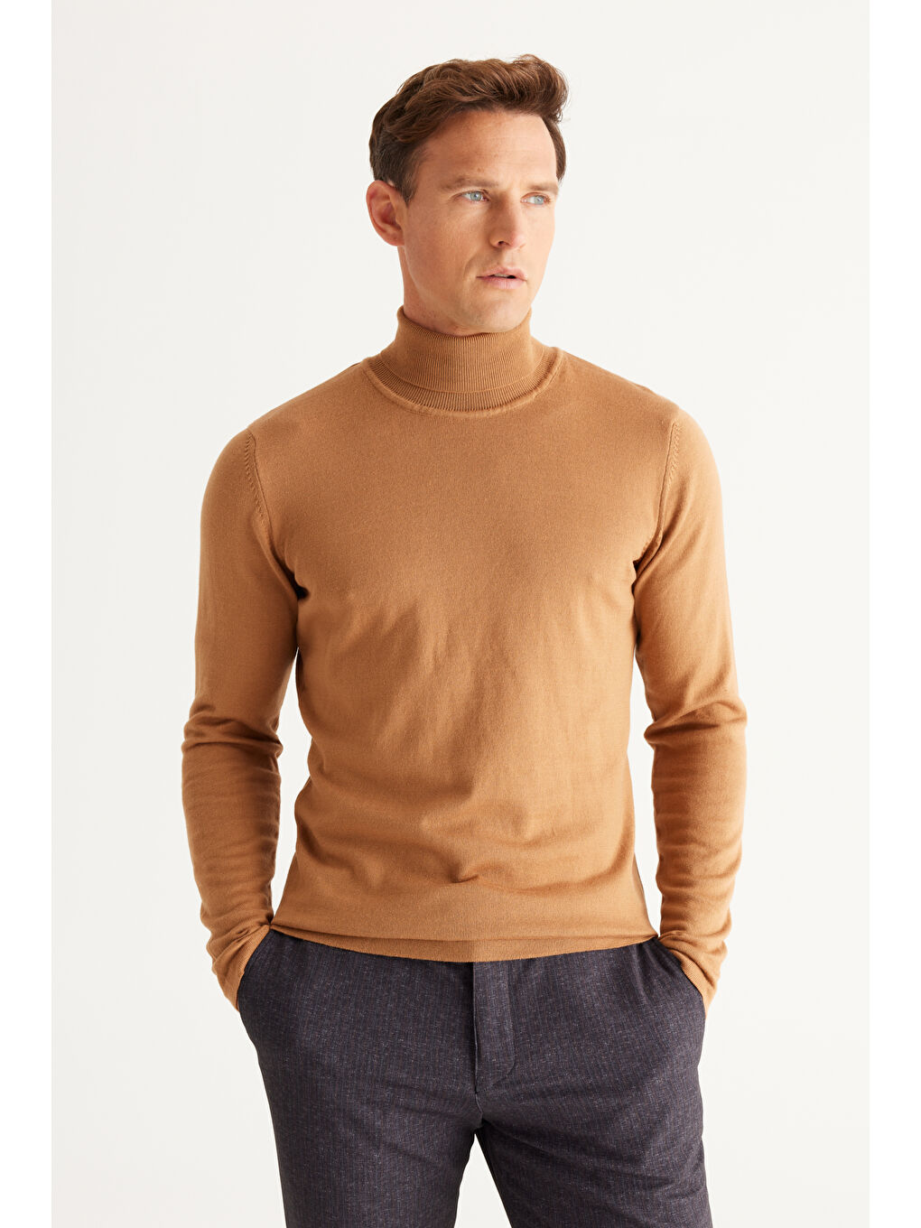 Bej Erkek Vizon Standart Fit Normal Kesim Tam Balıkçı Yaka Triko Kazak-2