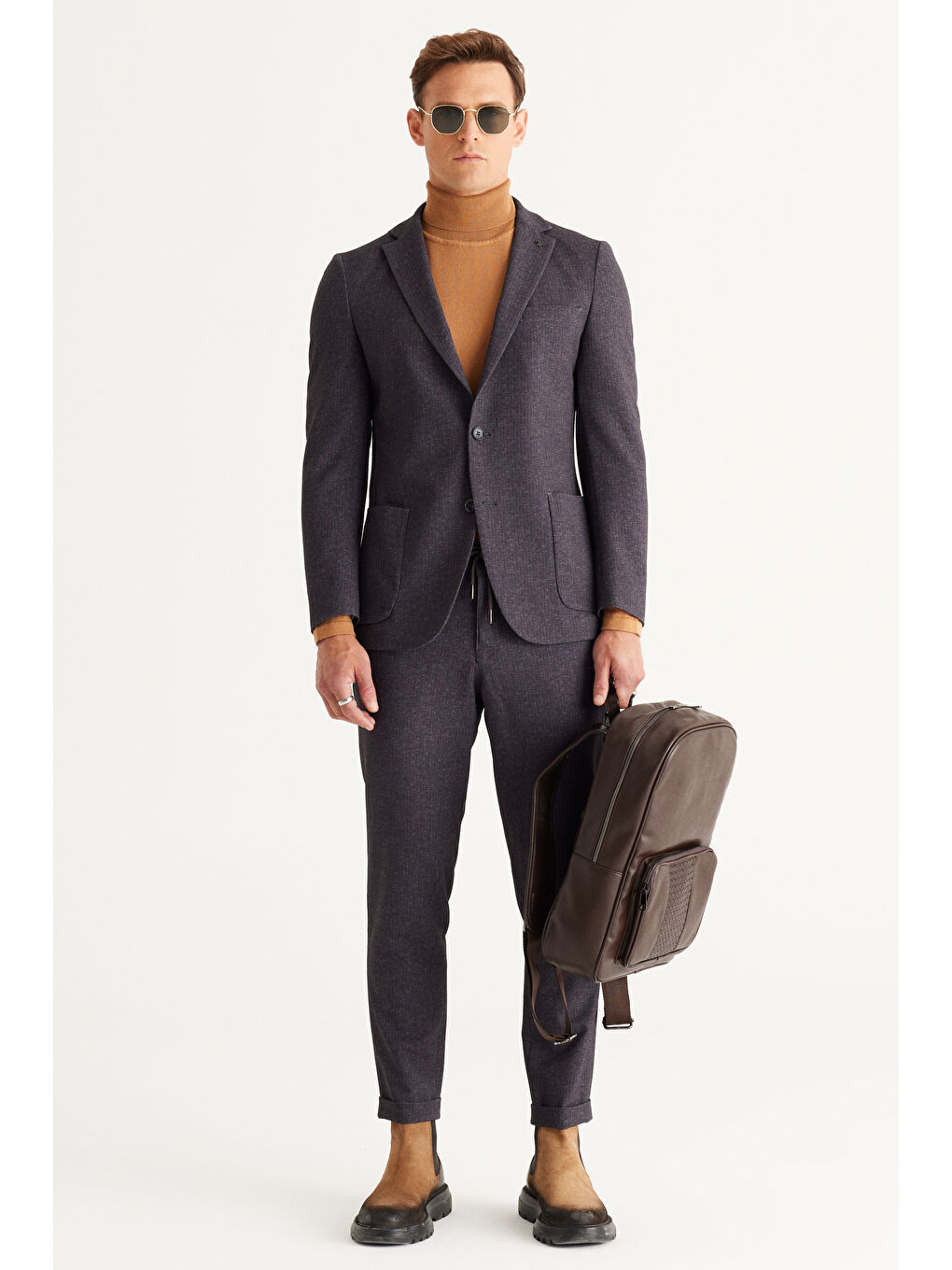 Bej Erkek Vizon Standart Fit Normal Kesim Tam Balıkçı Yaka Triko Kazak-4