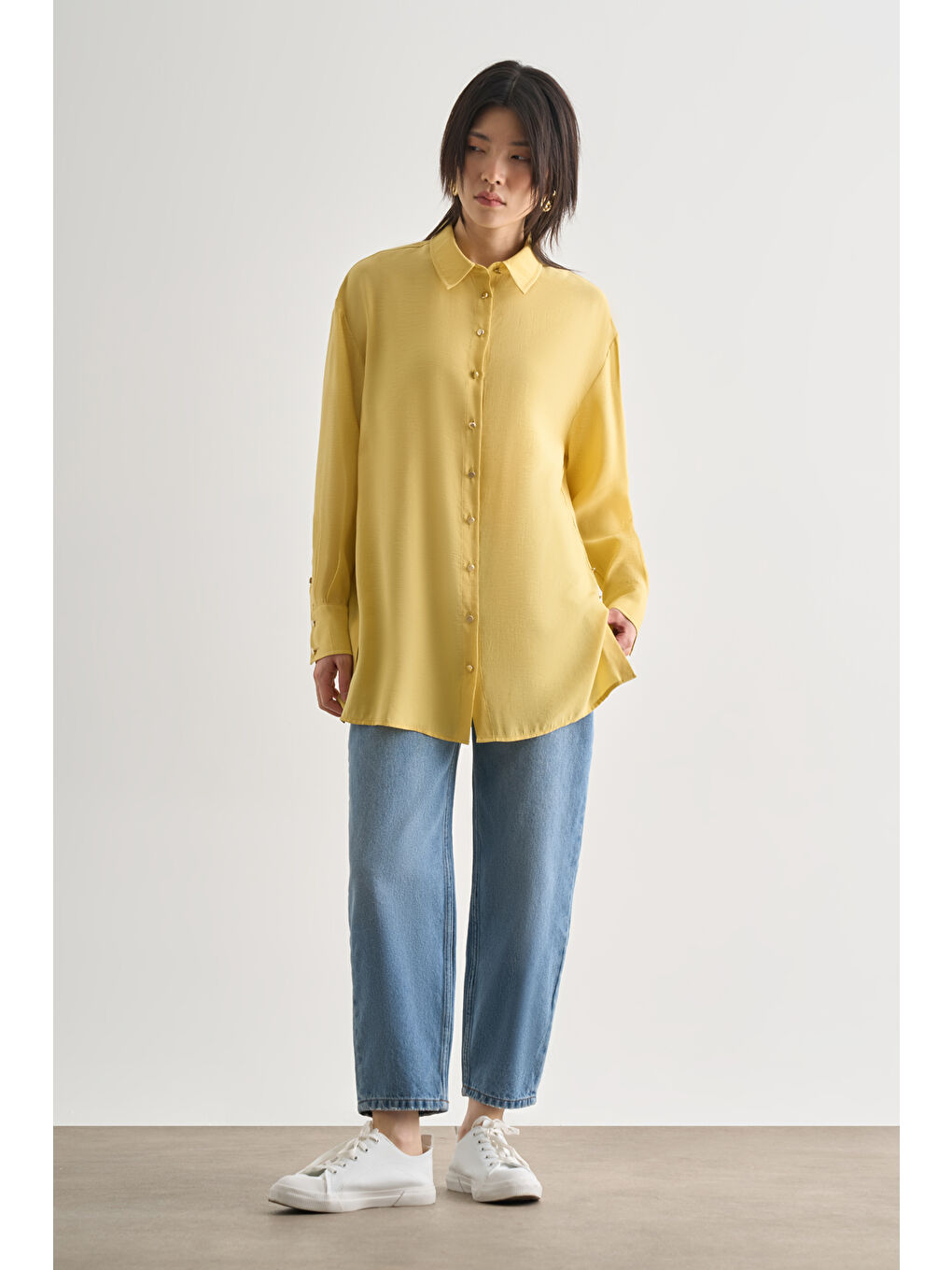 Yan Düğme Detaylı Premium Modal Sarı Tunik-1