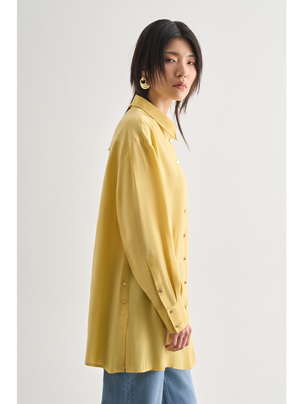 Yan Düğme Detaylı Premium Modal Sarı Tunik-2