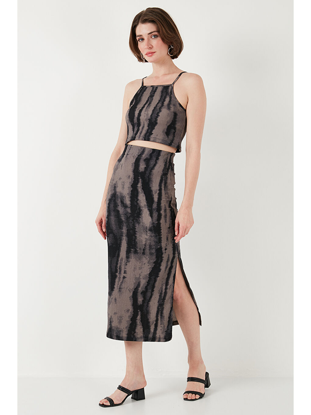 Siyah Slim Fit İp Askılı Yırtmaçlı Midi Alt-Üst Takım 5869021-2