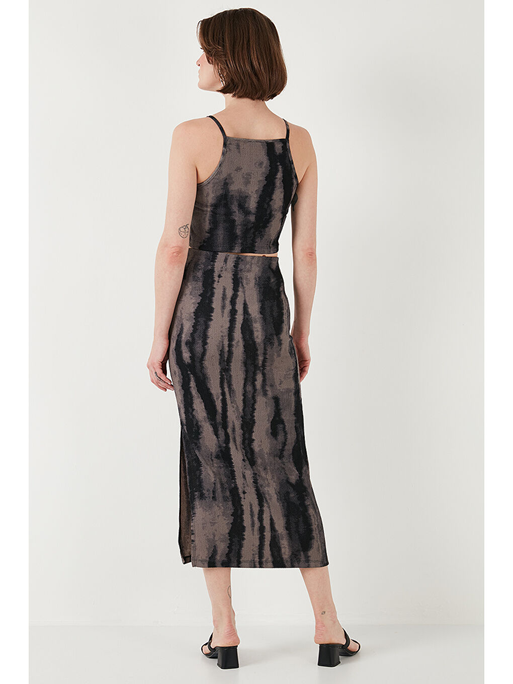 Siyah Slim Fit İp Askılı Yırtmaçlı Midi Alt-Üst Takım 5869021-6