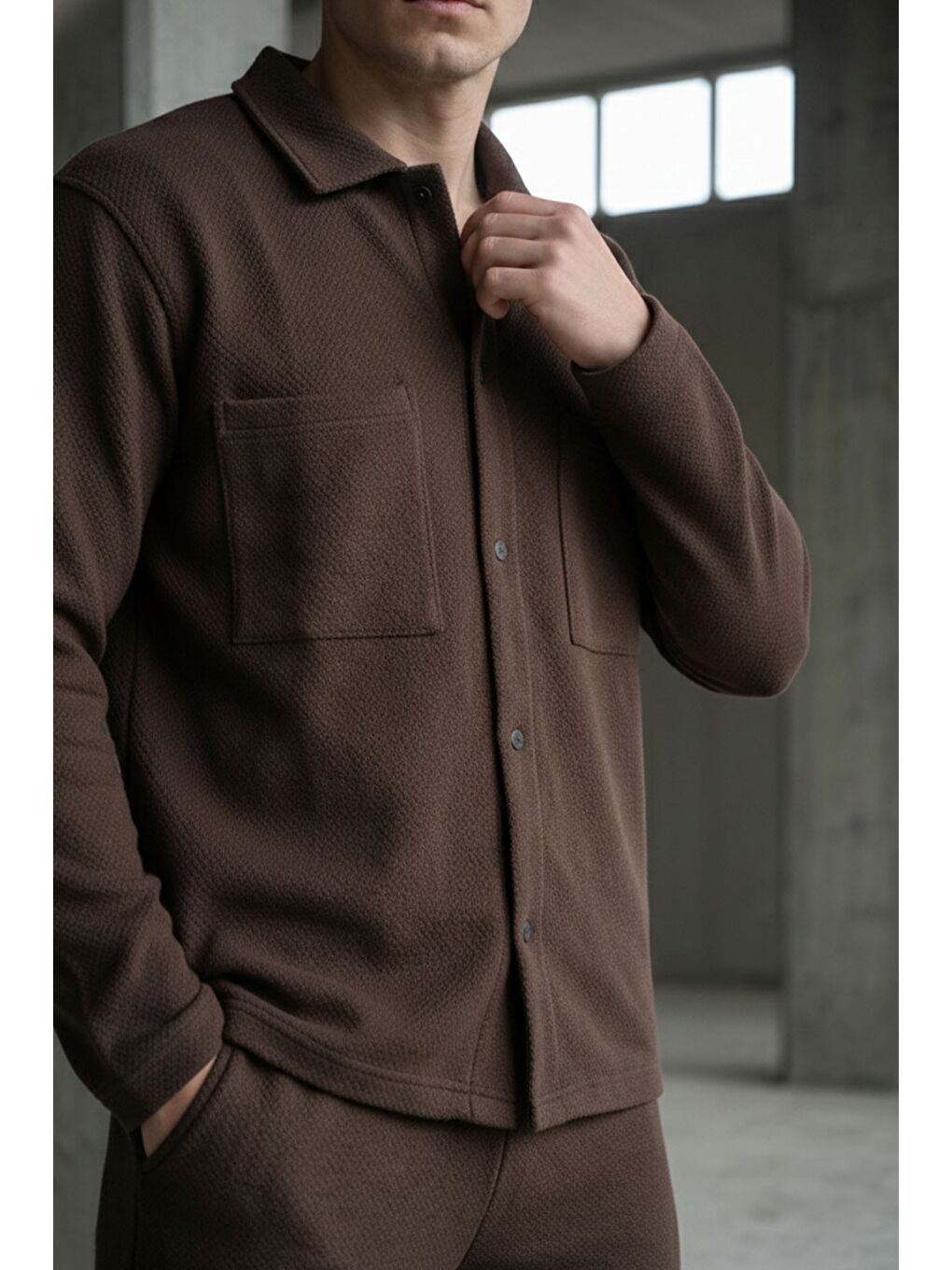 Kahverengi Erkek Kendinden Desenli Ön Çıtçıtlı Gömlek Bel Lastikli Pantolon İkili Takım-1