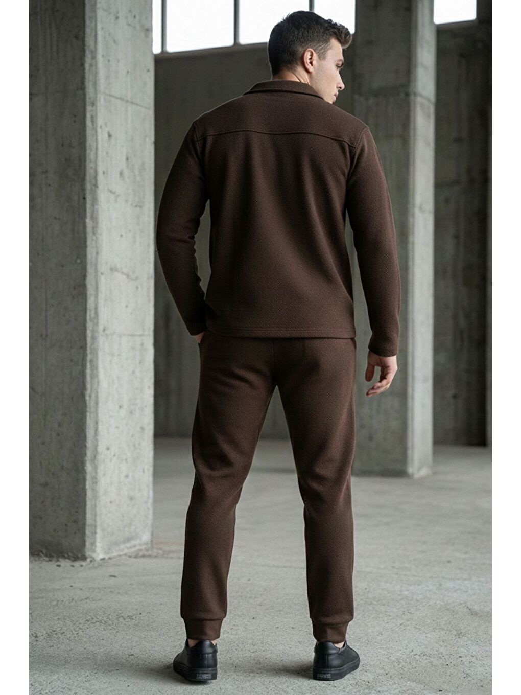 Kahverengi Erkek Kendinden Desenli Ön Çıtçıtlı Gömlek Bel Lastikli Pantolon İkili Takım-2