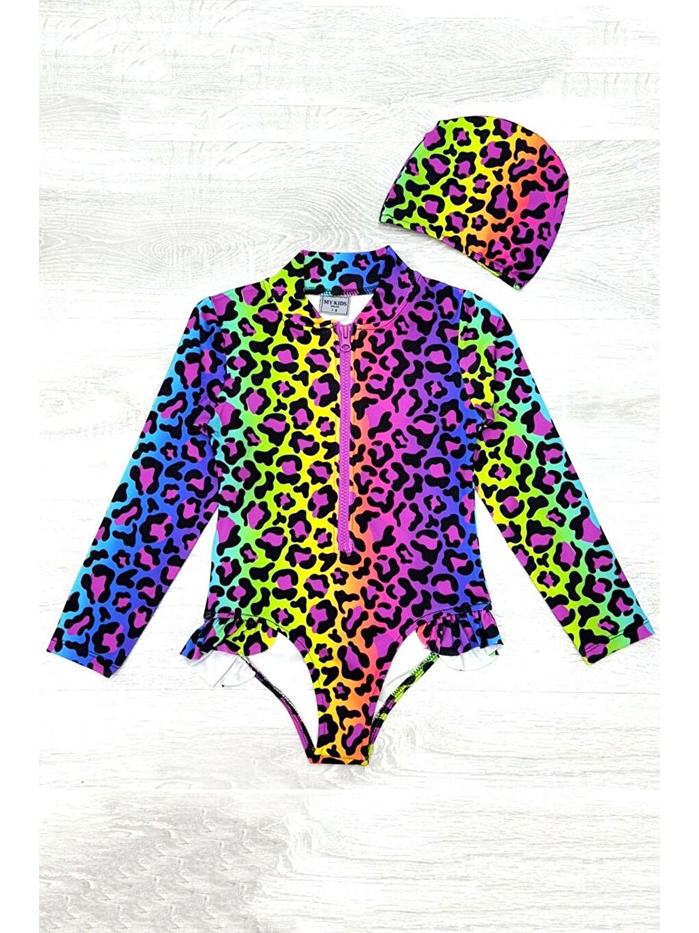 Karışık Fırfır Detaylı Leopar Desen Boneli Kız Çocuk Mayo
