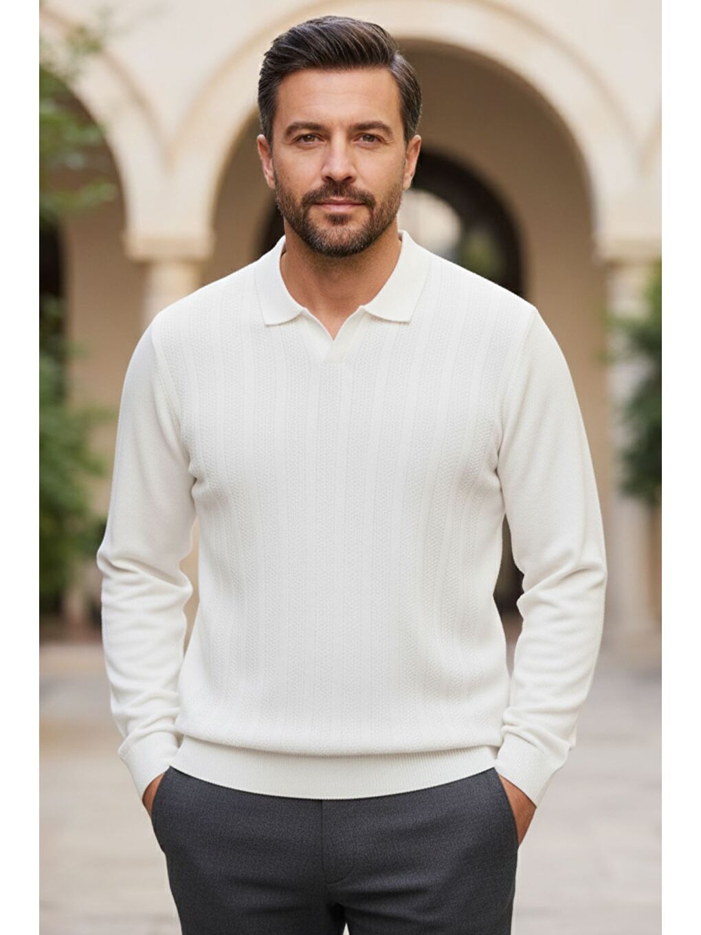 Beyaz Erkek Kendinden Desenli Polo Yaka Triko Kazak