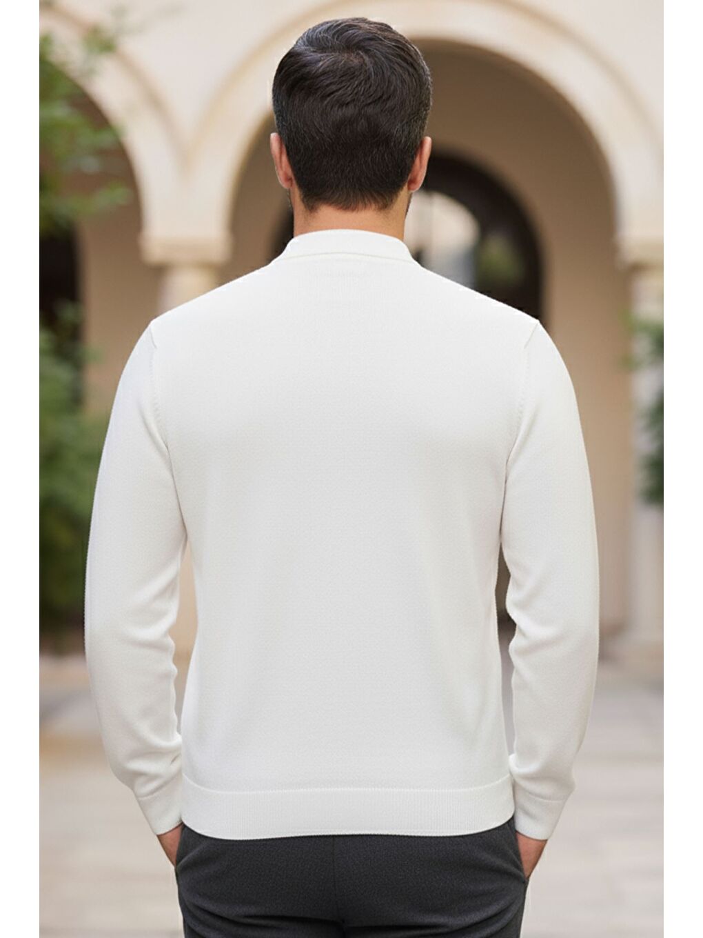 Beyaz Erkek Kendinden Desenli Polo Yaka Triko Kazak-1