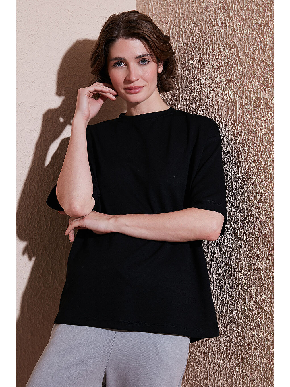 Siyah Streç Oversize Fit Bisiklet Yaka T Shirt 5865911