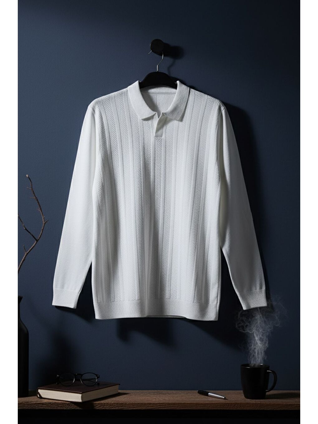 Beyaz Erkek Kendinden Desenli Polo Yaka Triko Kazak-2