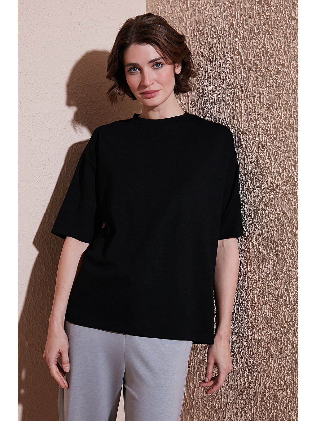 Siyah Streç Oversize Fit Bisiklet Yaka T Shirt 5865911-1