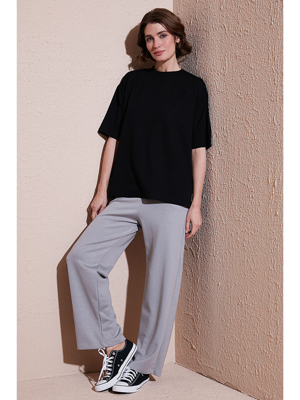 Siyah Streç Oversize Fit Bisiklet Yaka T Shirt 5865911-2