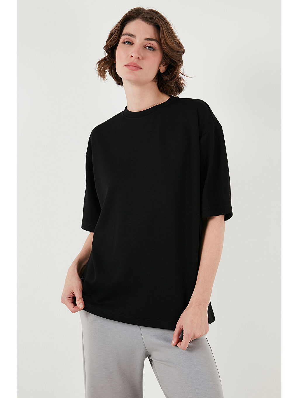 Siyah Streç Oversize Fit Bisiklet Yaka T Shirt 5865911-3