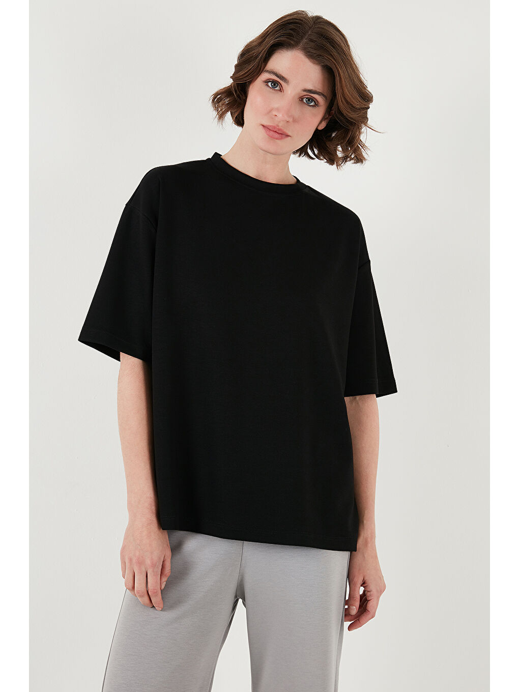 Siyah Streç Oversize Fit Bisiklet Yaka T Shirt 5865911-4