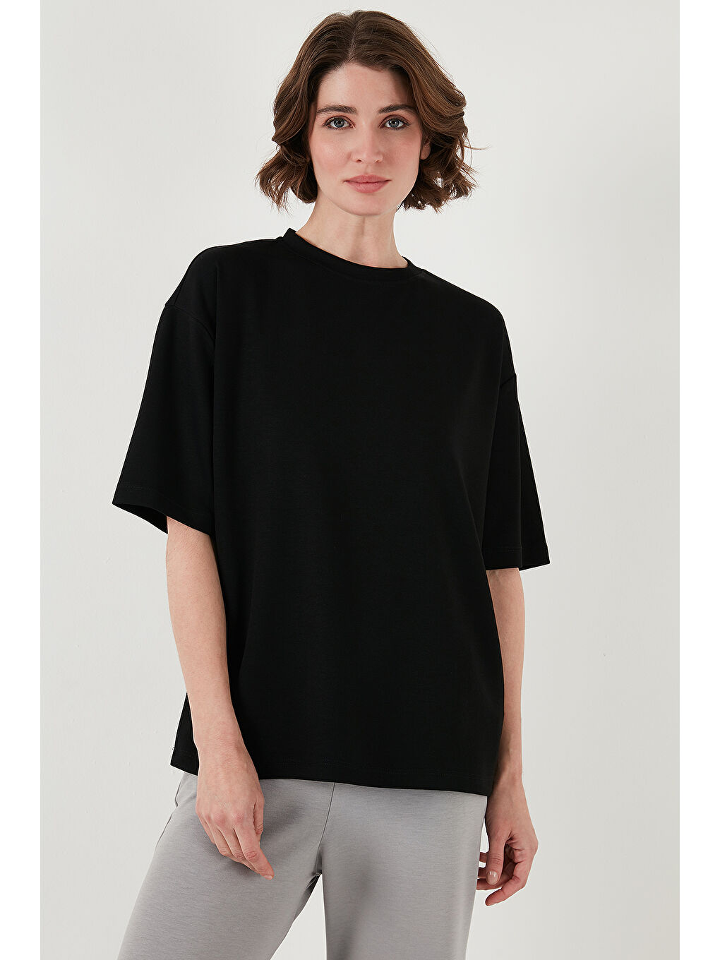 Siyah Streç Oversize Fit Bisiklet Yaka T Shirt 5865911-5