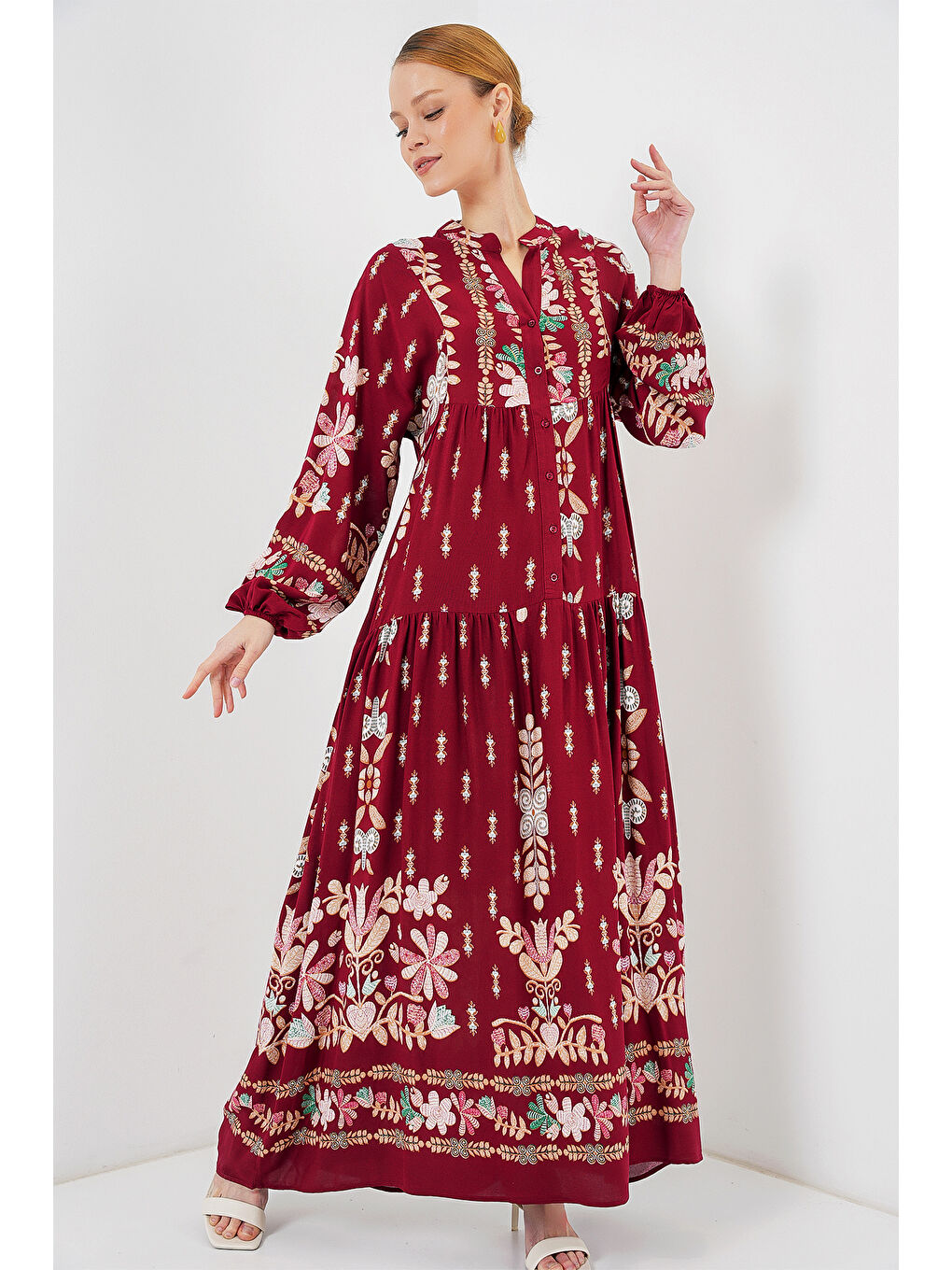 2423 Otantik Desenli Tesettür Elbise - H. Bordo