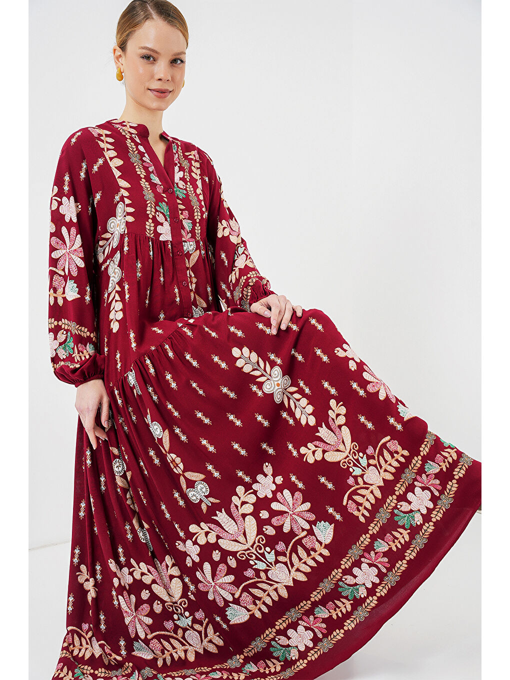 2423 Otantik Desenli Tesettür Elbise - H. Bordo-1