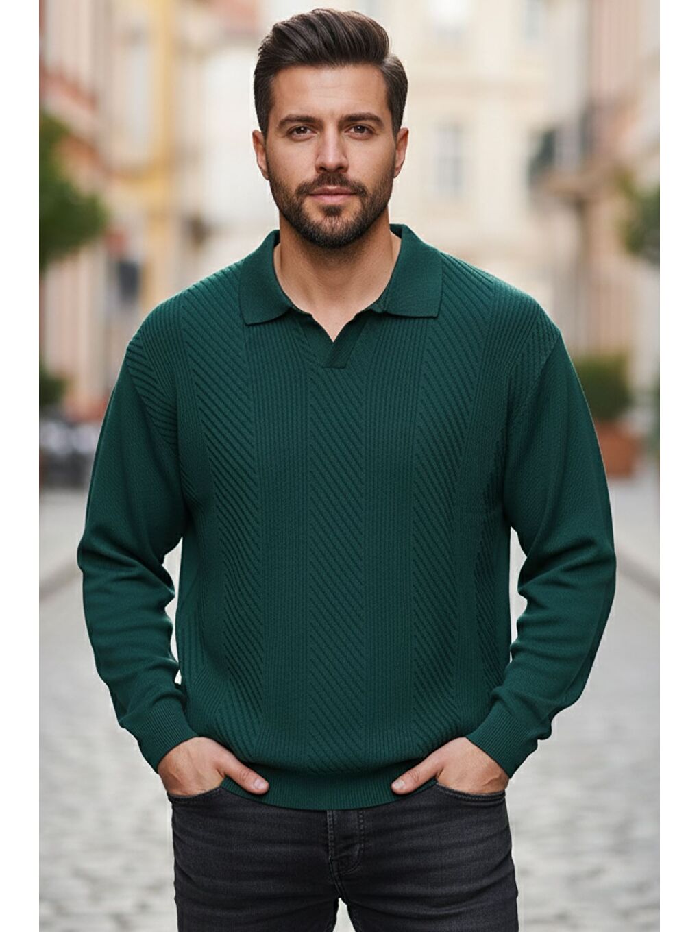 Yeşil Erkek Polo Yaka Kendinden Desenli Triko Kazak