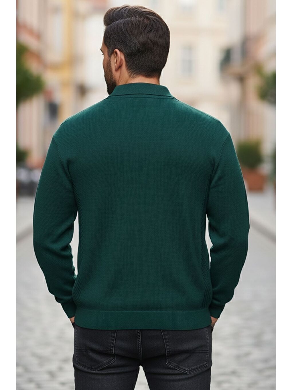 Yeşil Erkek Polo Yaka Kendinden Desenli Triko Kazak-1