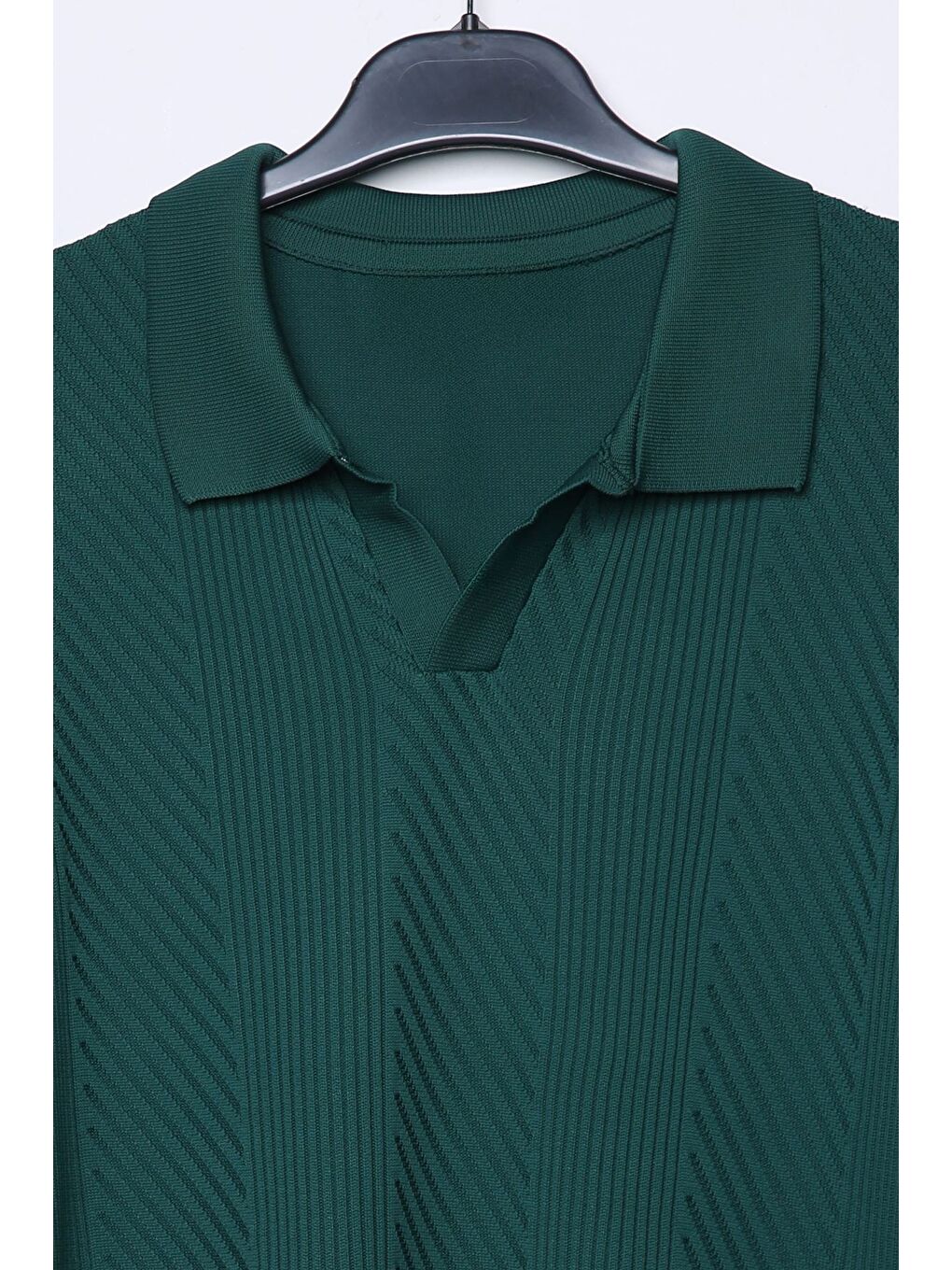 Yeşil Erkek Polo Yaka Kendinden Desenli Triko Kazak-3