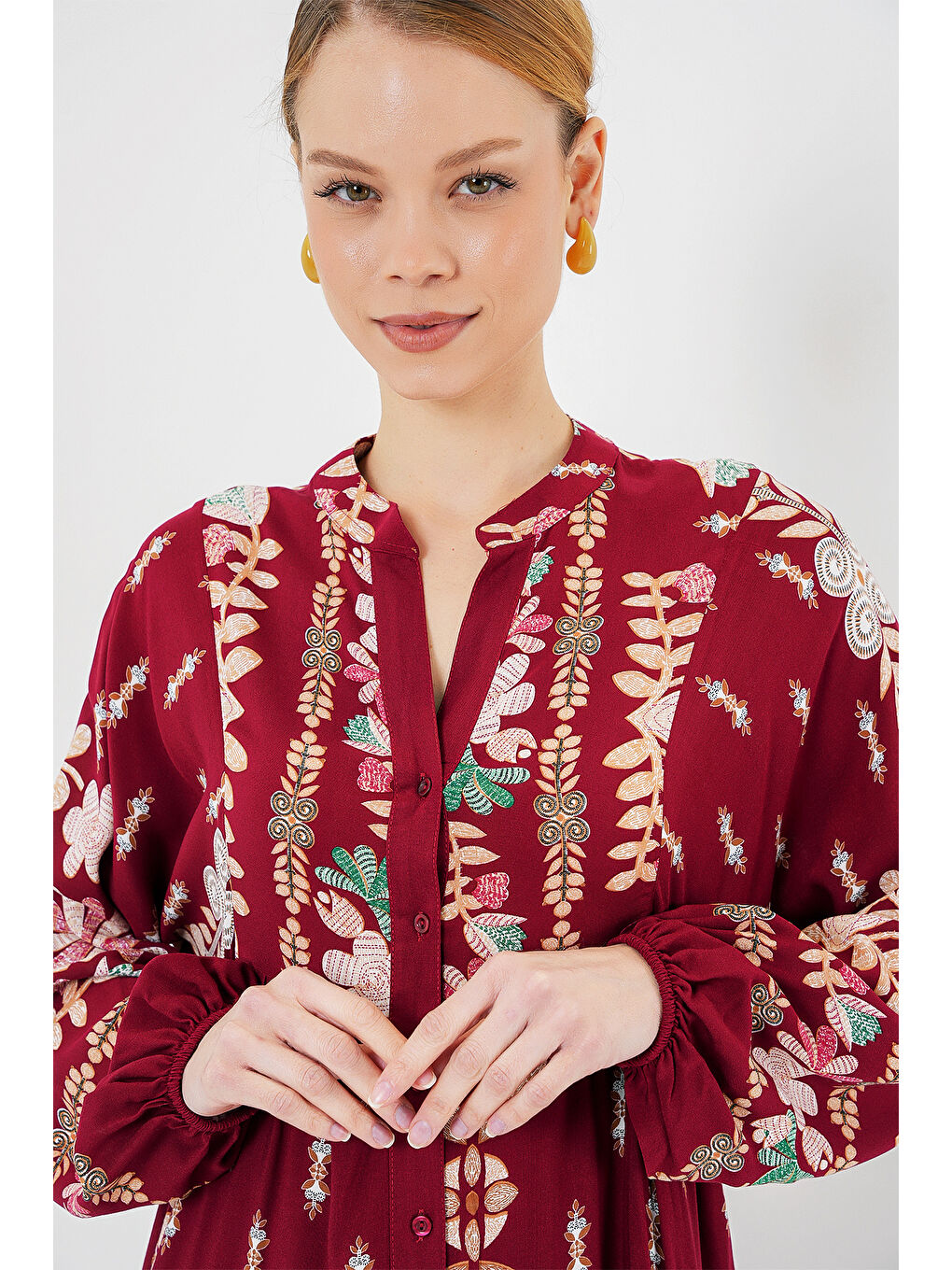 2423 Otantik Desenli Tesettür Elbise - H. Bordo-2