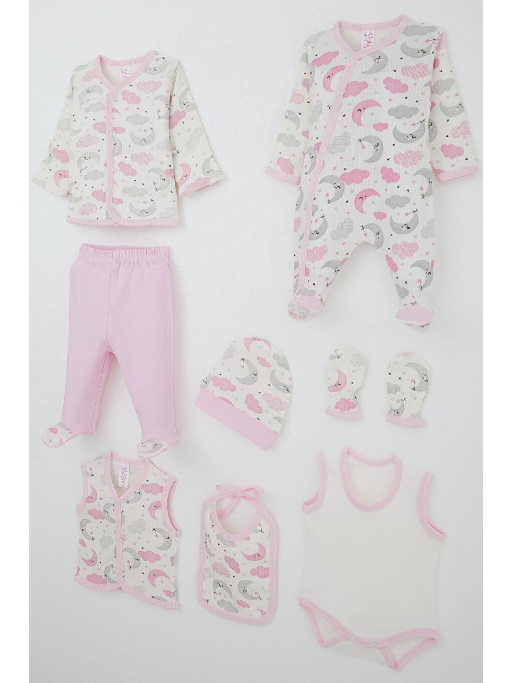 Kız Bebek Hastane Çıkışı 8 Li Gökyüzü Temalı Uykucu Ay Desenli Ekru (0-3 Ay)-1