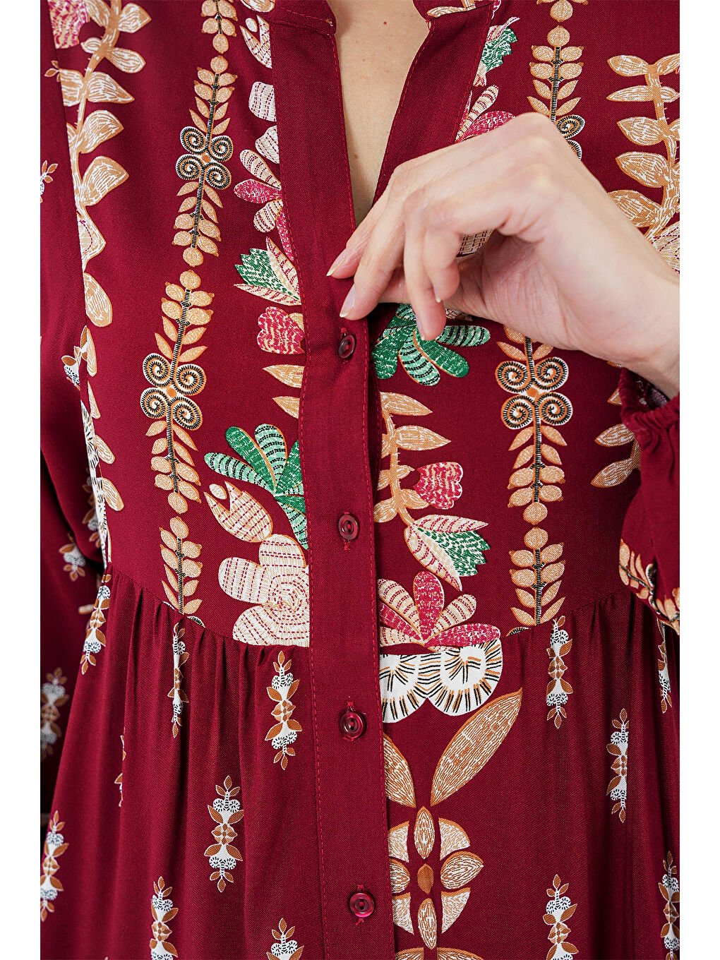 2423 Otantik Desenli Tesettür Elbise - H. Bordo-4