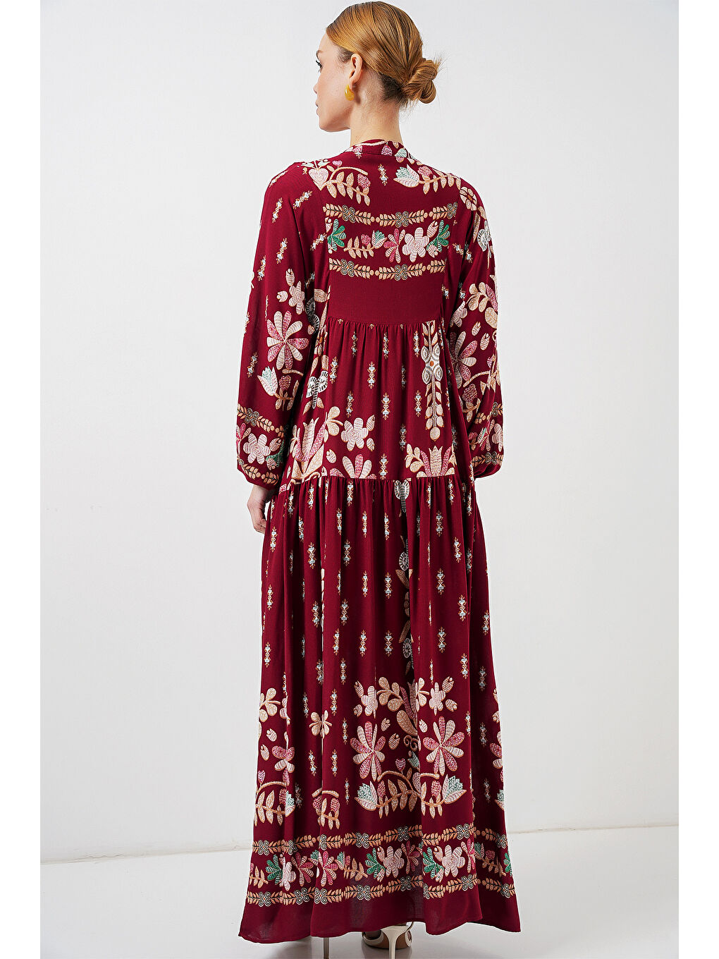 2423 Otantik Desenli Tesettür Elbise - H. Bordo-5