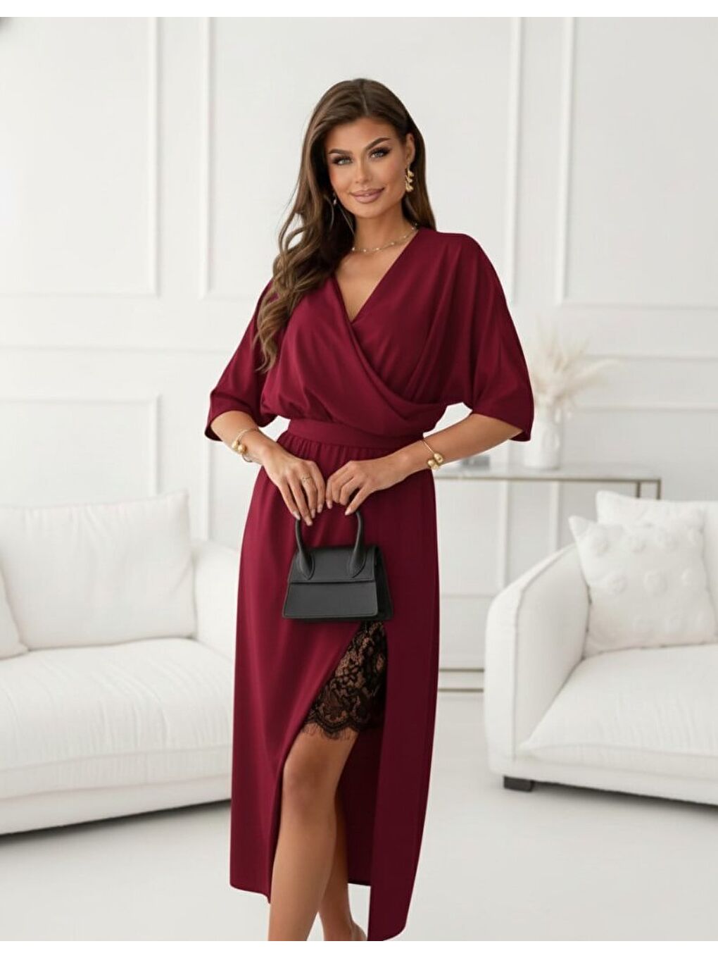 Bordo Kadın Uzun Kollu Kruvaze Yakalı Yandan Dantelli Midi Ithal Krep Elbise-1